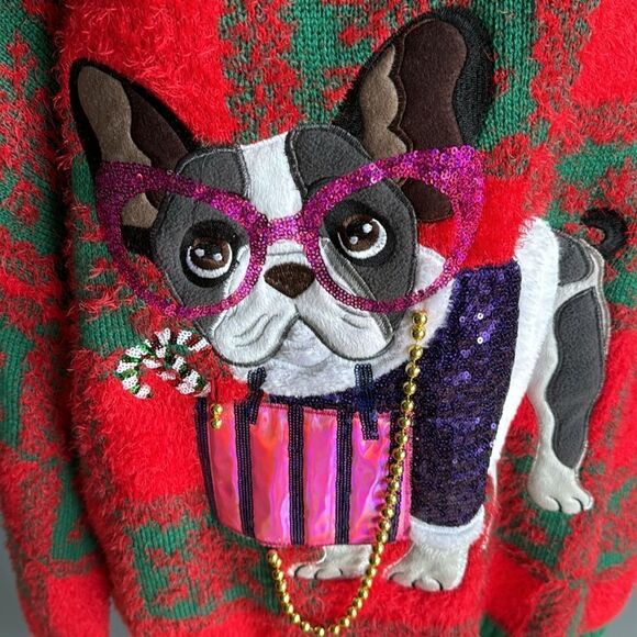 Holiday Time red/green fuzzy soft sequin/beads French bulldog appliqué sweater. - Picture 3 of 8